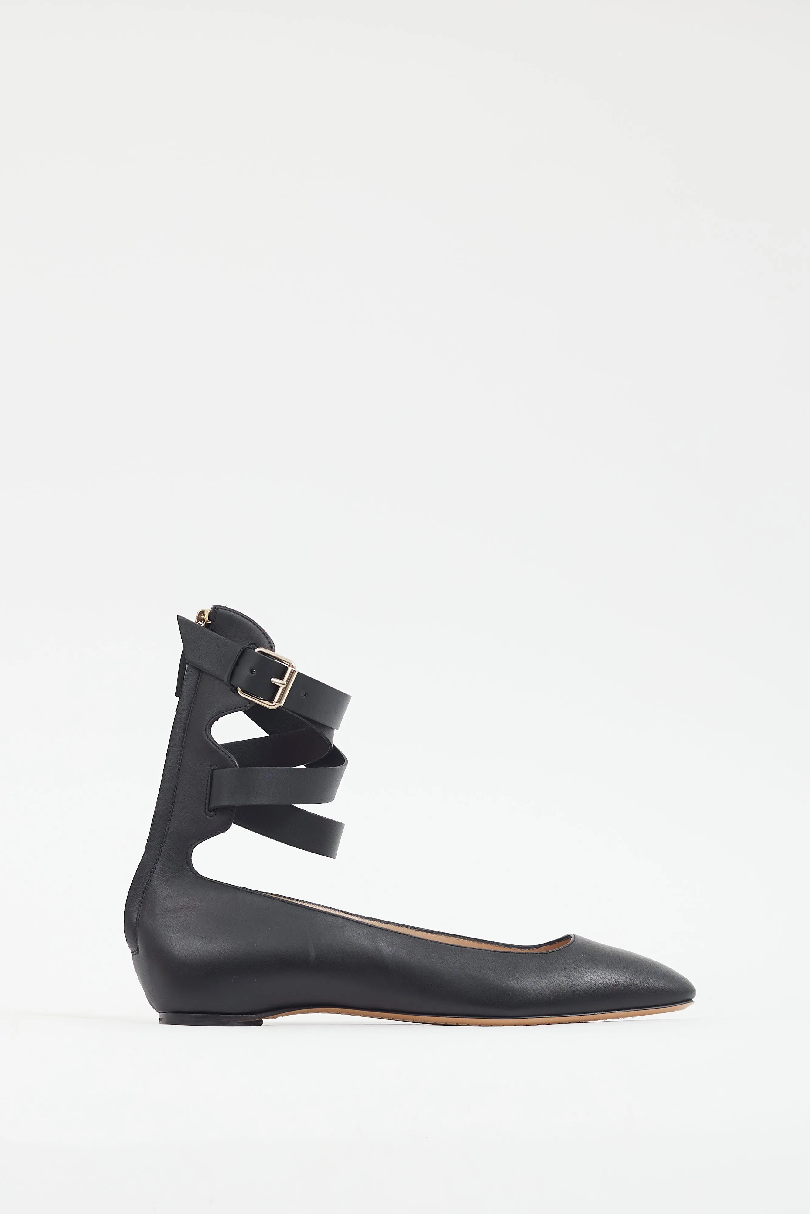 Black Leather Ankle Strap Flat