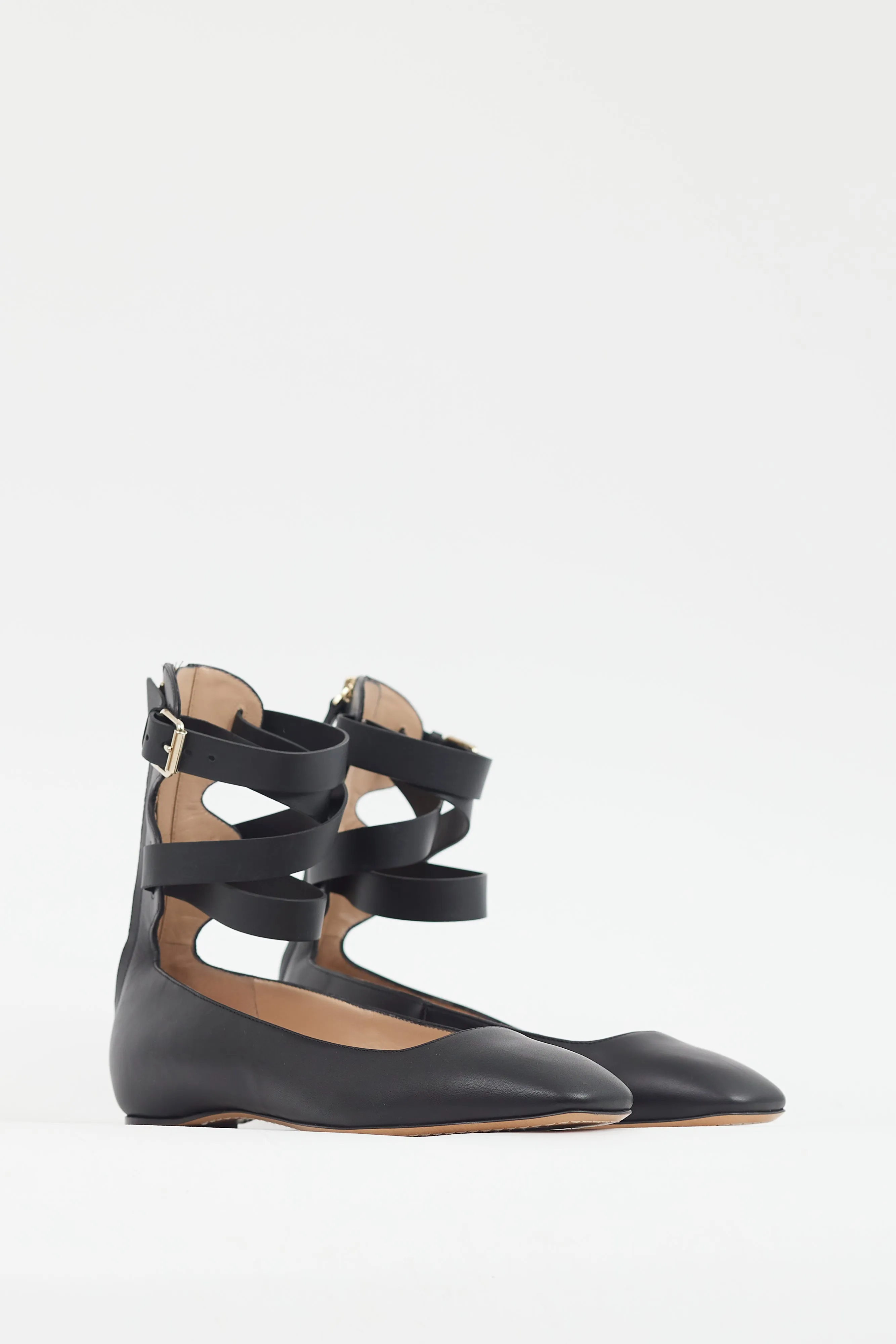 Black Leather Ankle Strap Flat