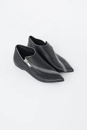 Black Leather Asymmetrical Zip Flat