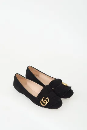 Black Suede GG Marmont Kiltie Fringe Flat