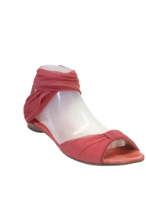 Fendi Womens Red Chiffon Suede Ankle Strap Zip Flats Sandals Shoes