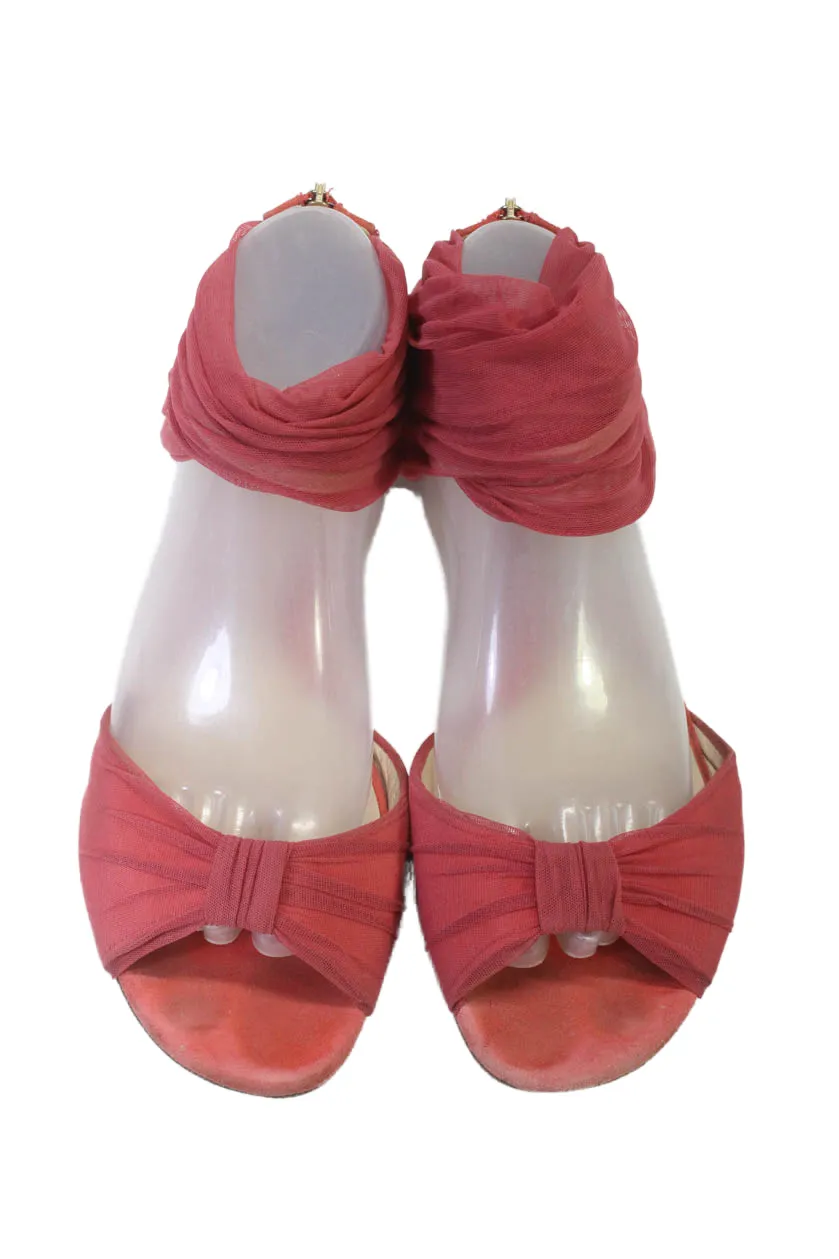 Fendi Womens Red Chiffon Suede Ankle Strap Zip Flats Sandals Shoes