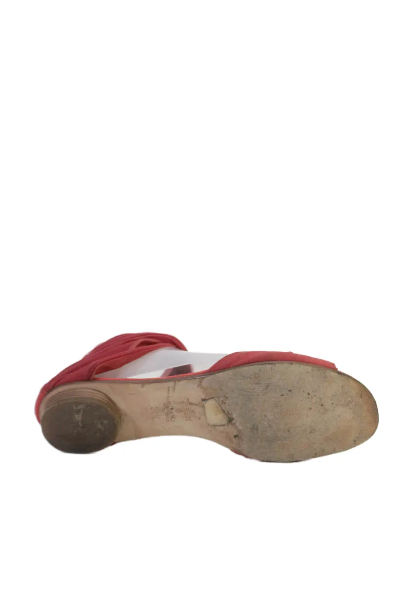 Fendi Womens Red Chiffon Suede Ankle Strap Zip Flats Sandals Shoes