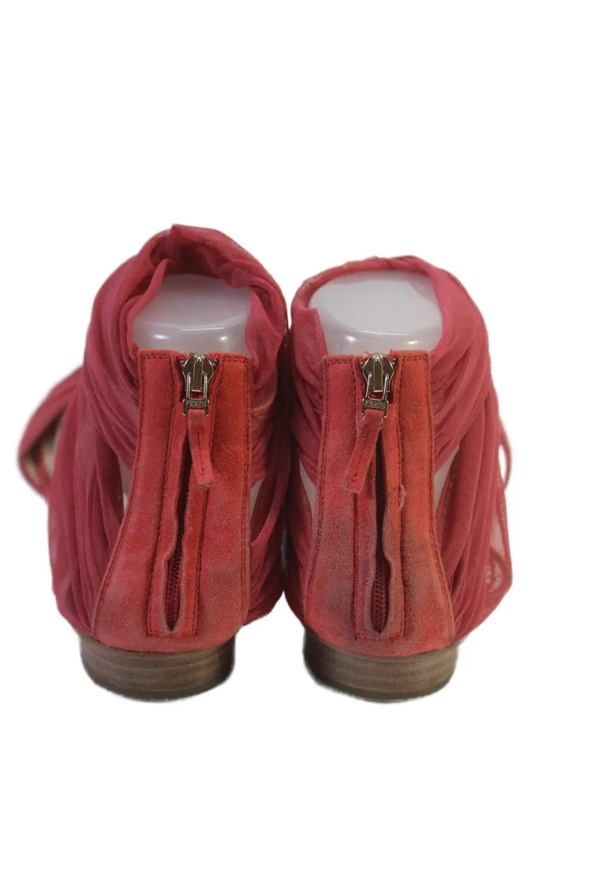 Fendi Womens Red Chiffon Suede Ankle Strap Zip Flats Sandals Shoes