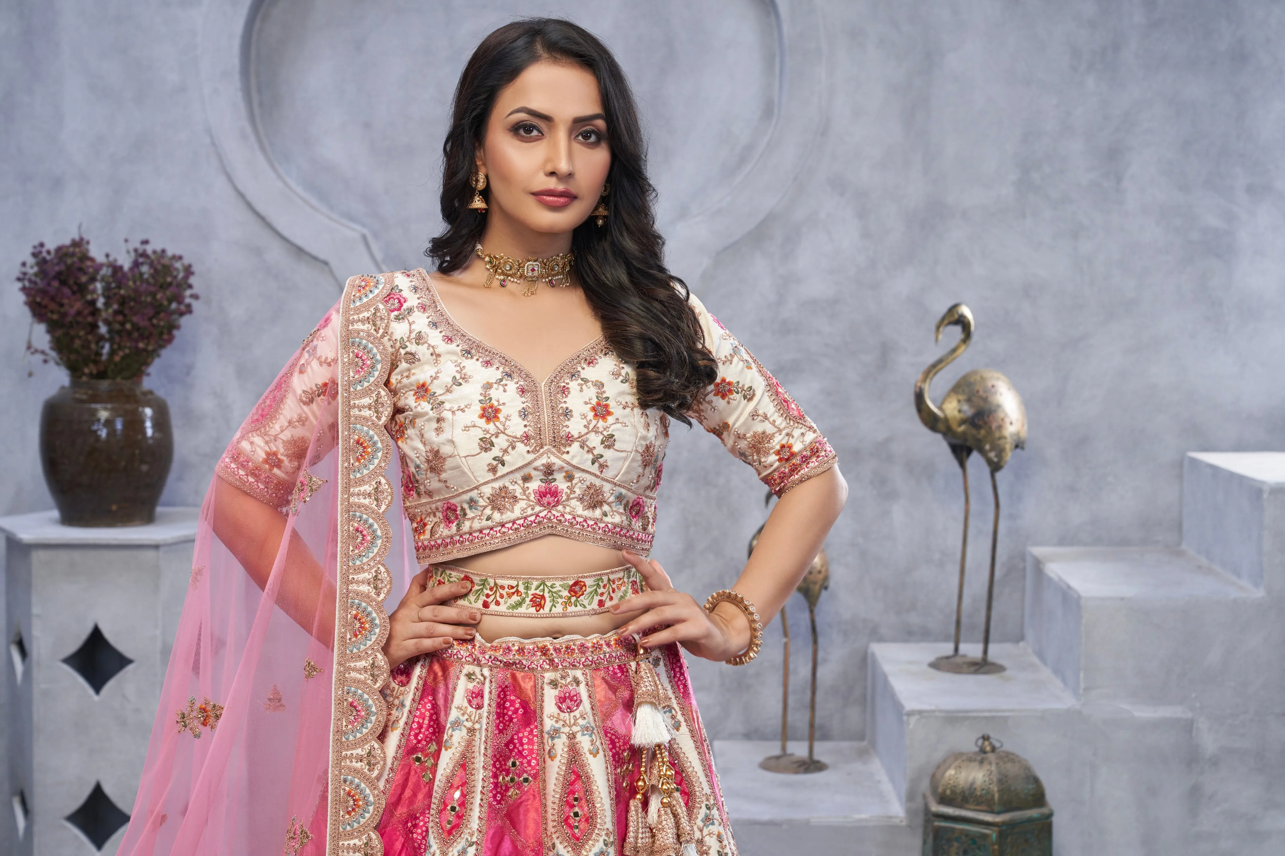 Ivory Organza Silk Bridal Lehenga & Peacock Motifs & Bandhej Dupatta