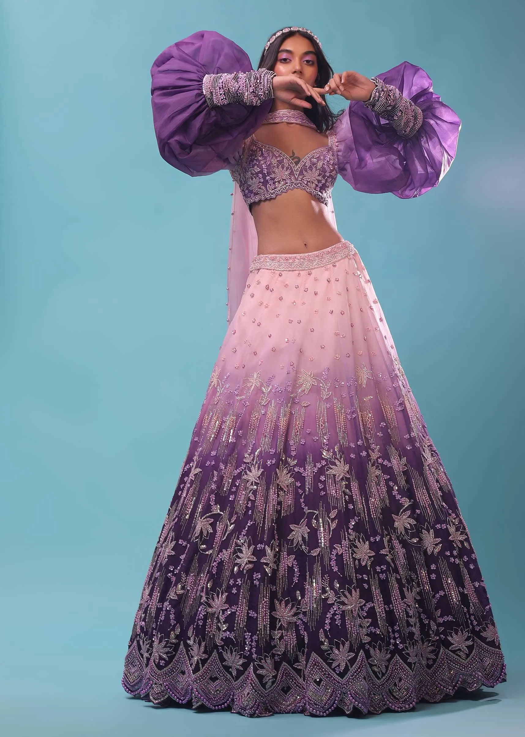 Lavender Ombre Gown And Crop Top Paired With Bishop Sleeves
