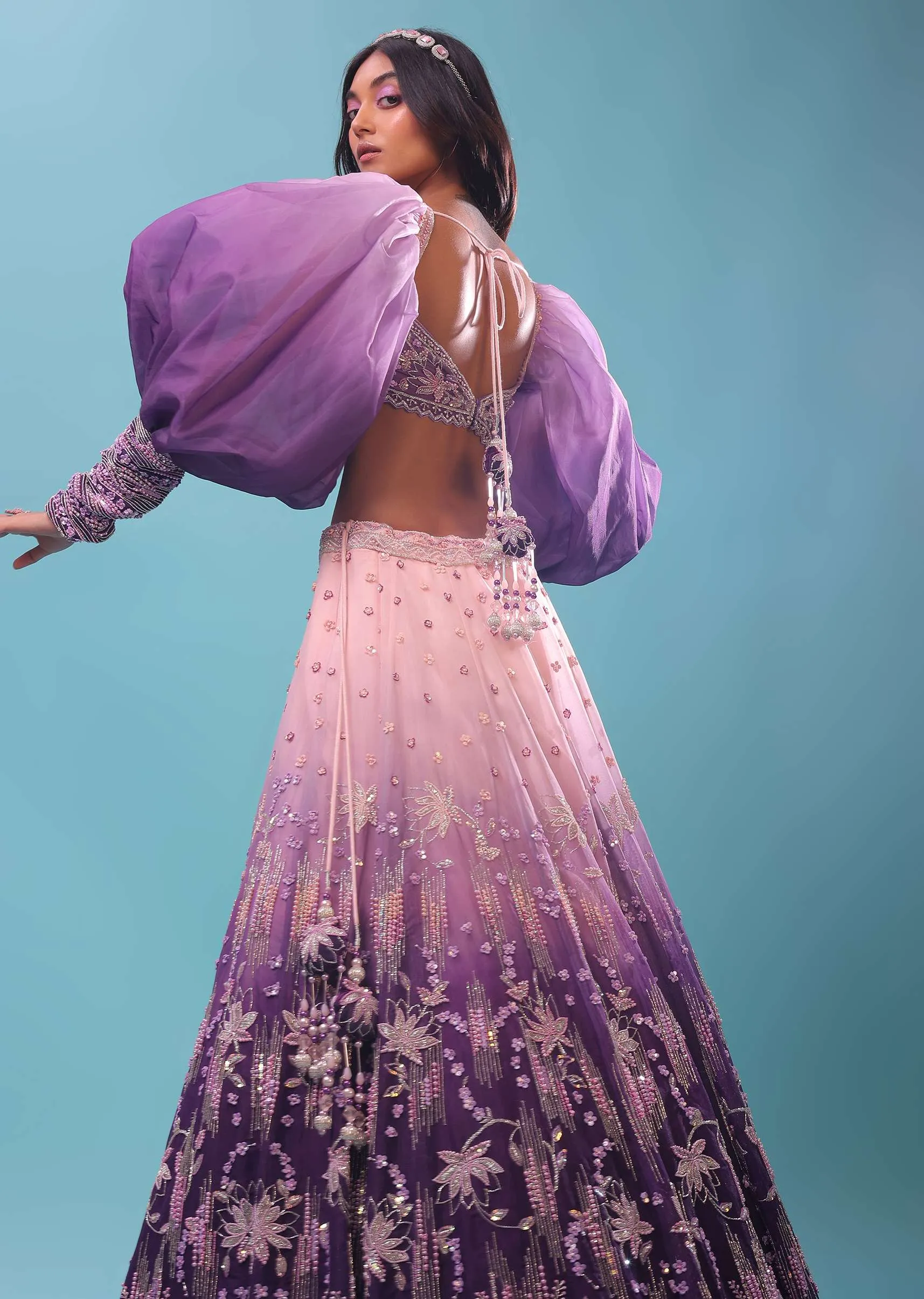 Lavender Ombre Gown And Crop Top Paired With Bishop Sleeves