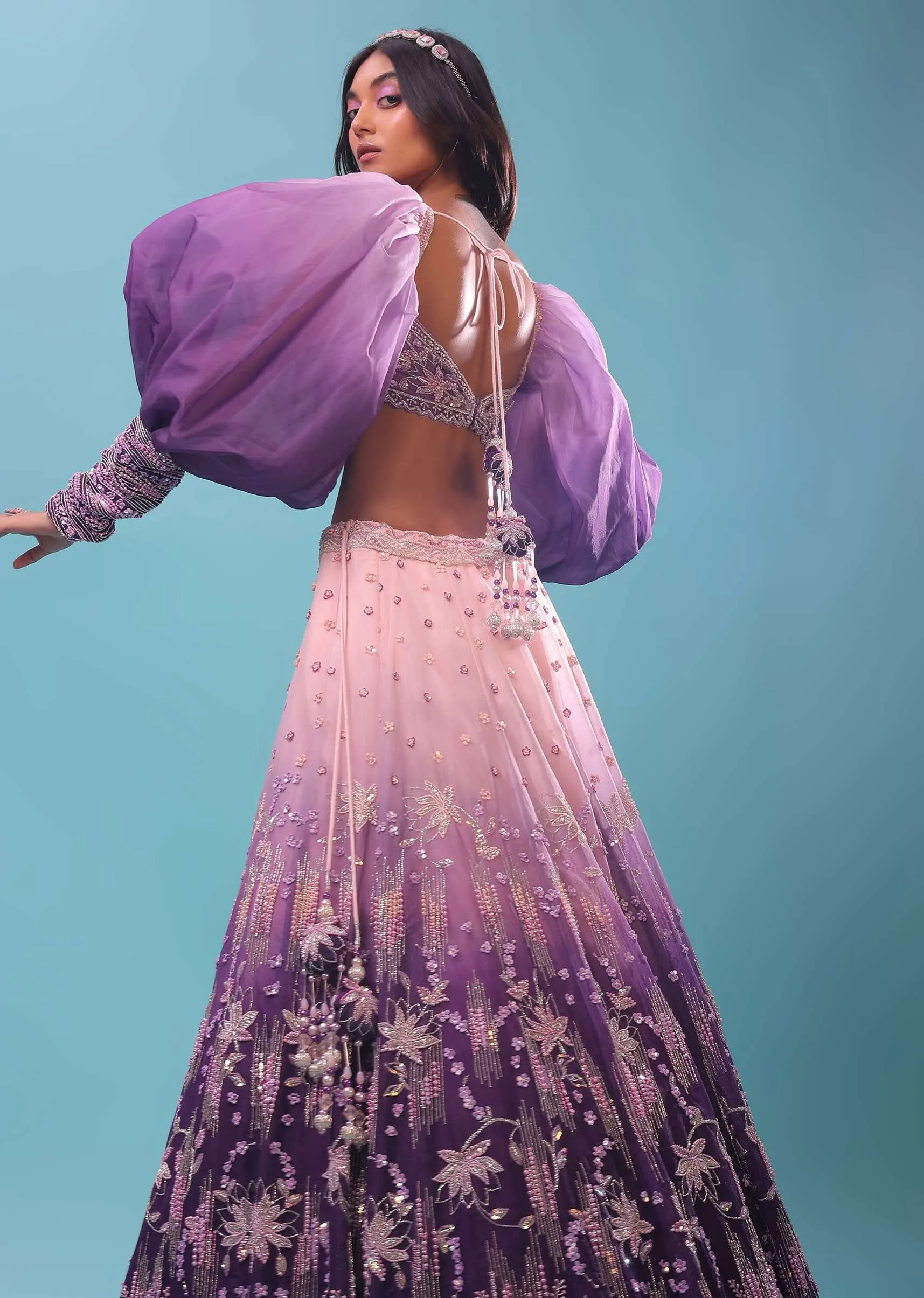 Lavender Ombre Gown And Crop Top Paired With Bishop Sleeves
