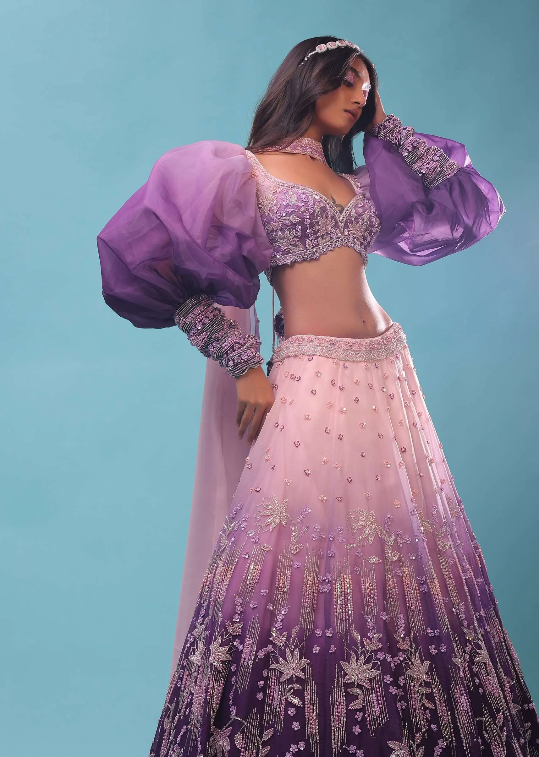 Lavender Ombre Gown And Crop Top Paired With Bishop Sleeves