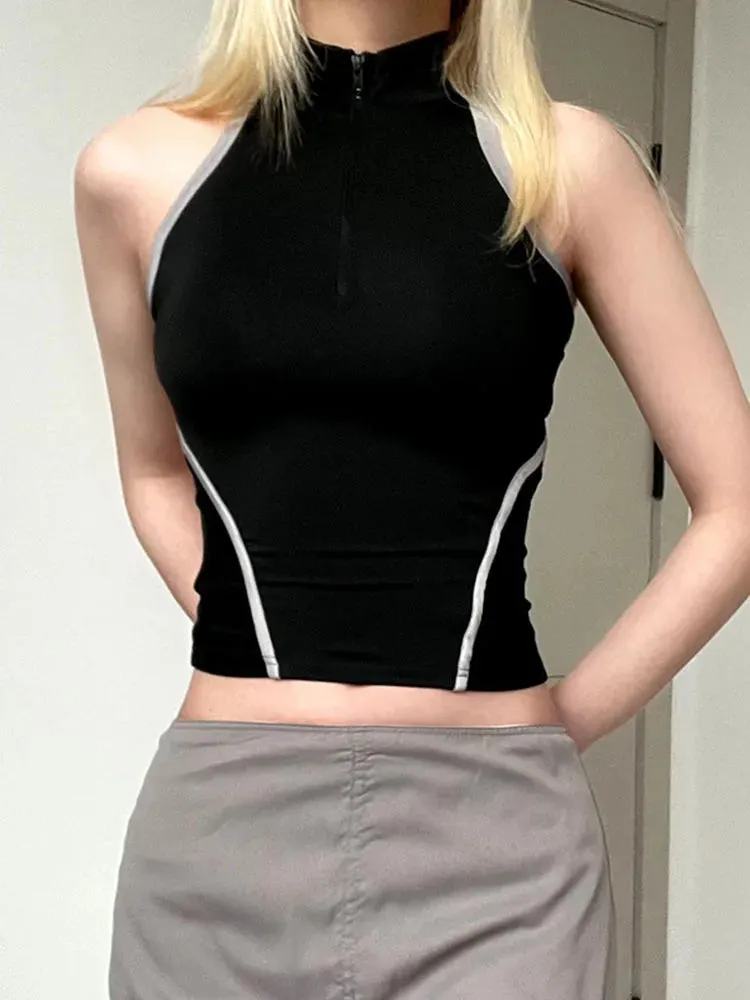 Rückenfreies E-girl Crop Top mit Reißverschluss und Stehkragen