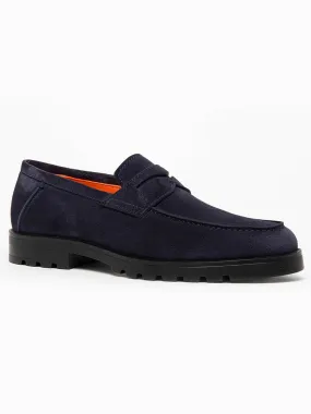Santoni Rock Suede Lug Sole Penny Loafers in Navy