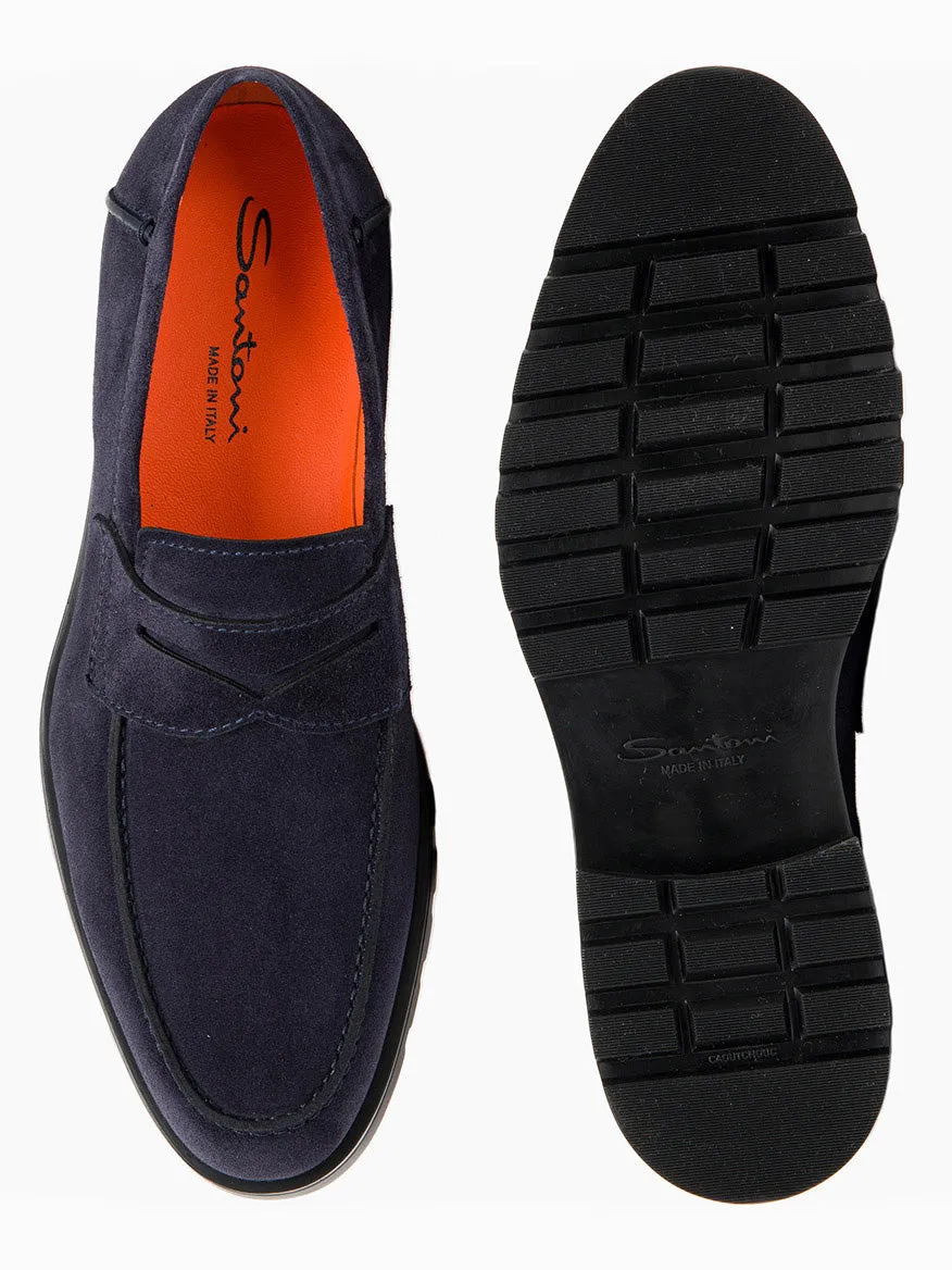 Santoni Rock Suede Lug Sole Penny Loafers in Navy