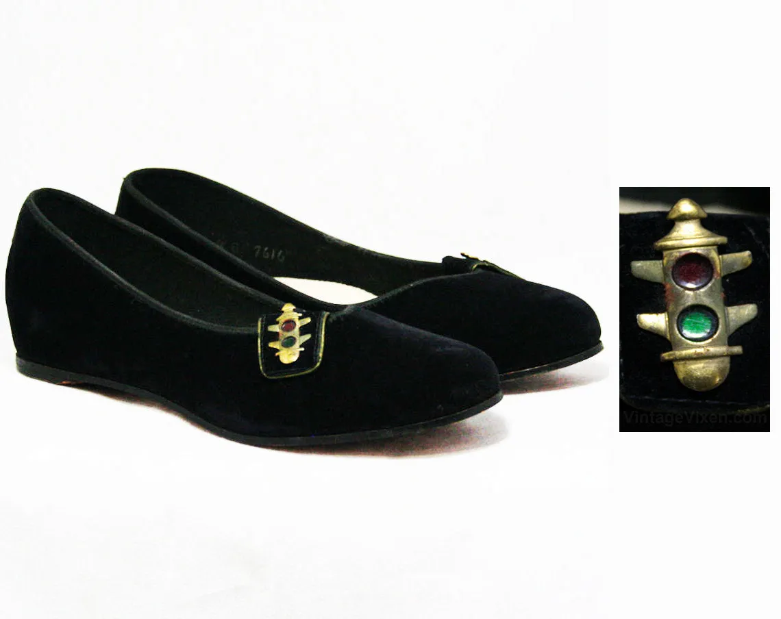 Size 4 Black Shoes - Traffic Lights Detail - Small Size 1950s Swing Style Ballet Flats - 50s Bobby Soxer Shoe - 50's Lindy Hop Style - 45109