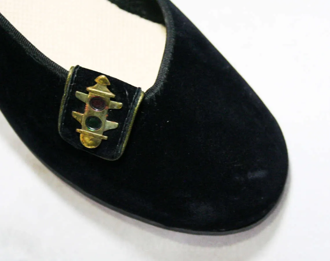 Size 4 Black Shoes - Traffic Lights Detail - Small Size 1950s Swing Style Ballet Flats - 50s Bobby Soxer Shoe - 50's Lindy Hop Style - 45109